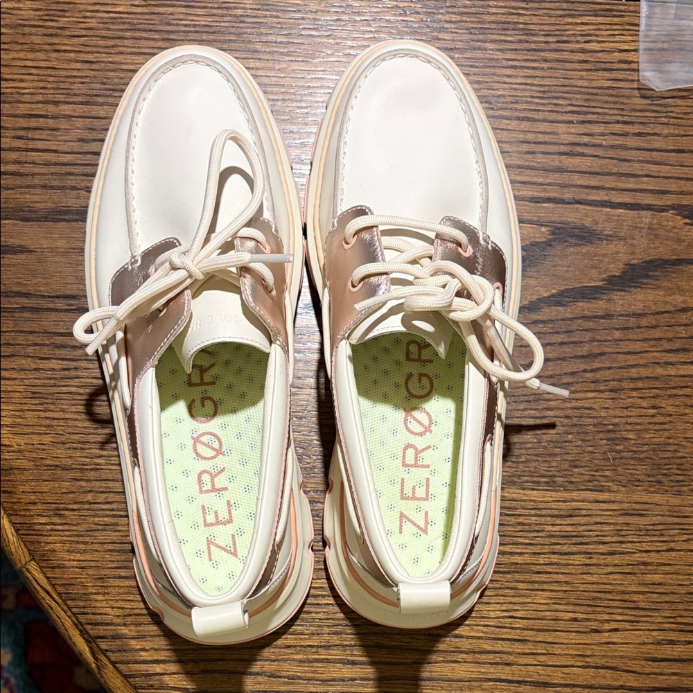 Cole Haan ZeroGrand Cream and Gold Boat Shoes